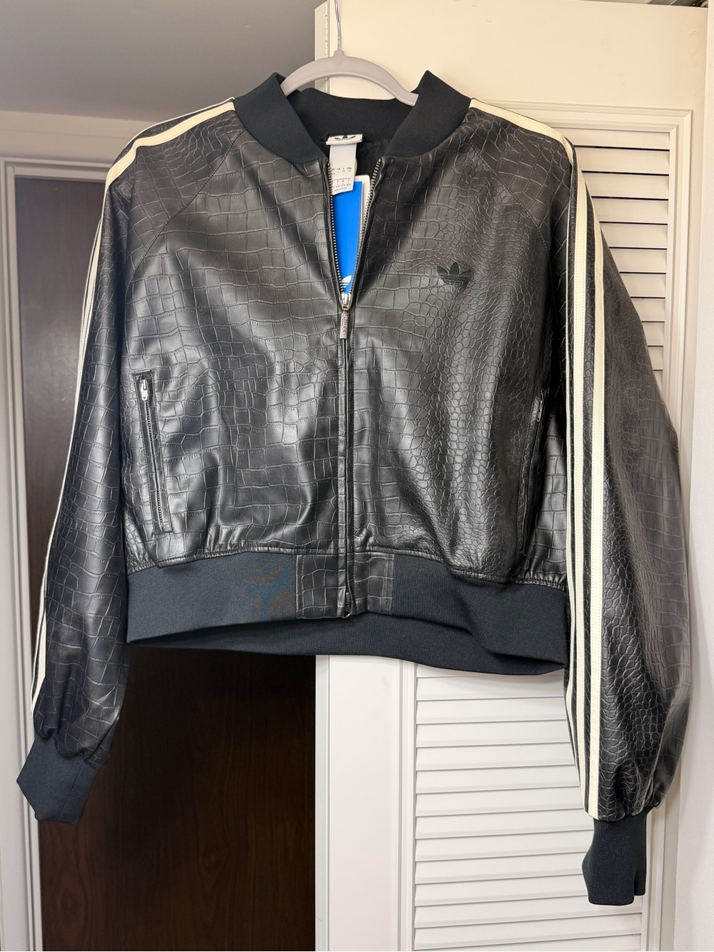 adidas Black Croc-Embossed Bomber Jacket with White Three-Stripes